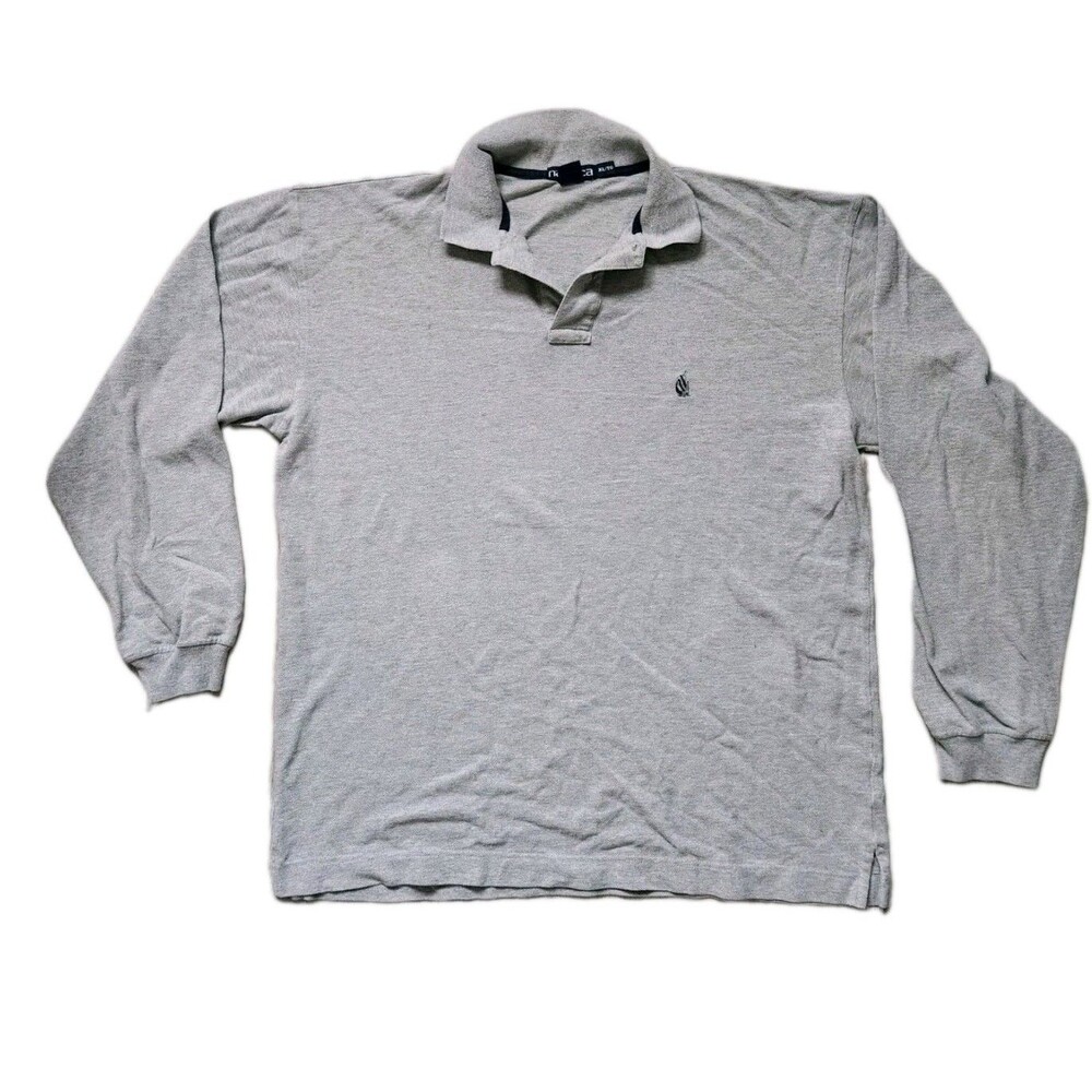 Nautica Knit Light Gray Long Sleeve Polo Shirt Embroidered Logo Mens XL EUC